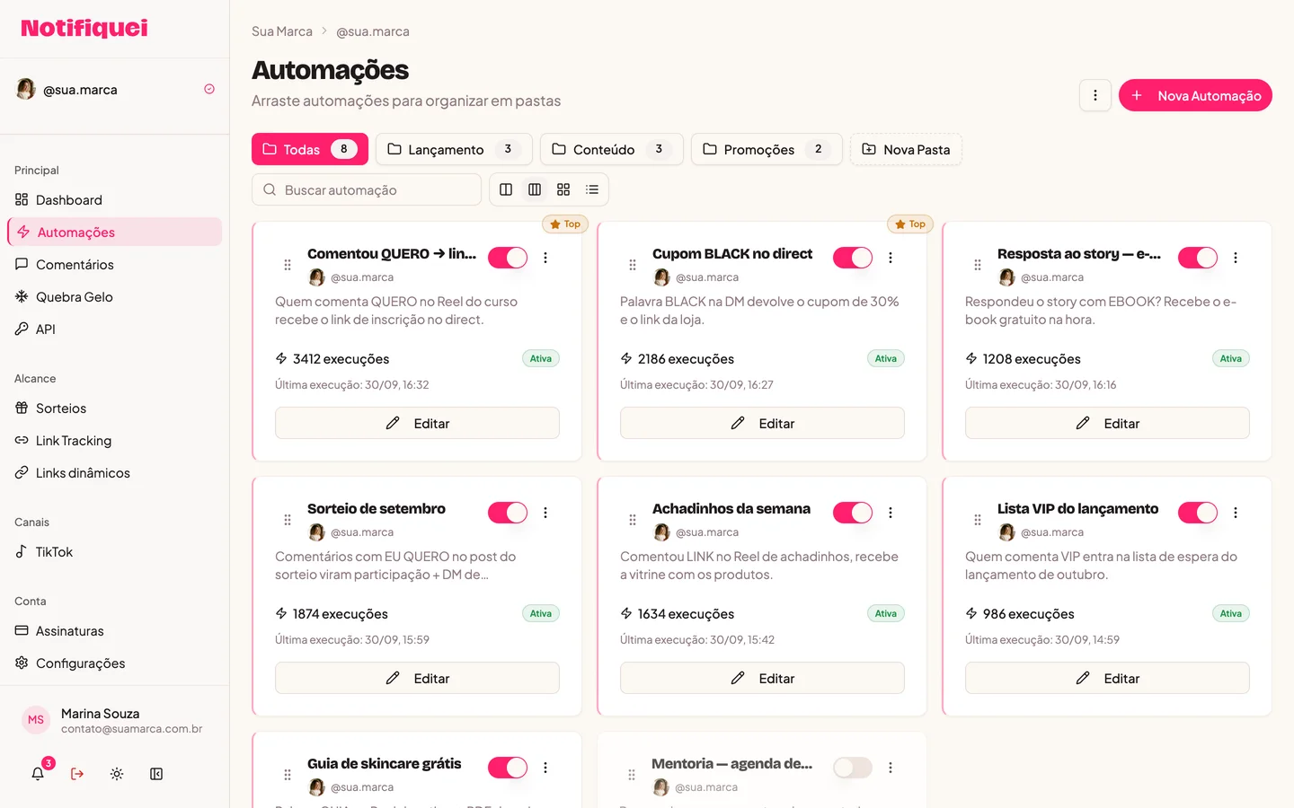 Tela Automações do painel do Notifiquei