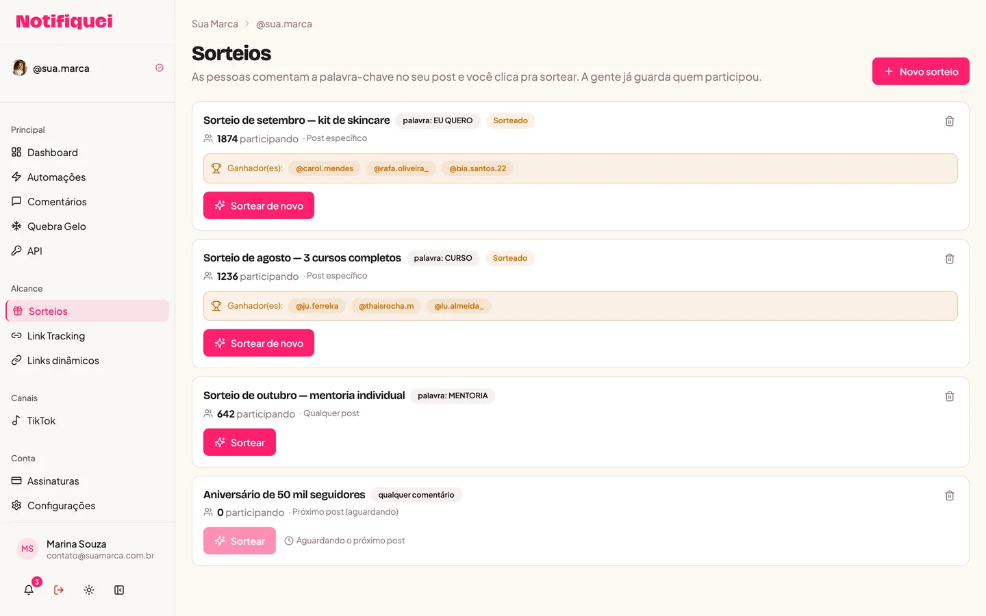 Tela Sorteios do painel do Notifiquei